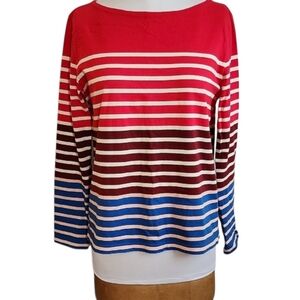 J Crew Vibrant Striped Long Sleeve Top M Red Cream Navy